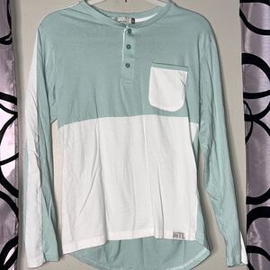 MTL Apparel green and white color block, long sleeve shirt, size small